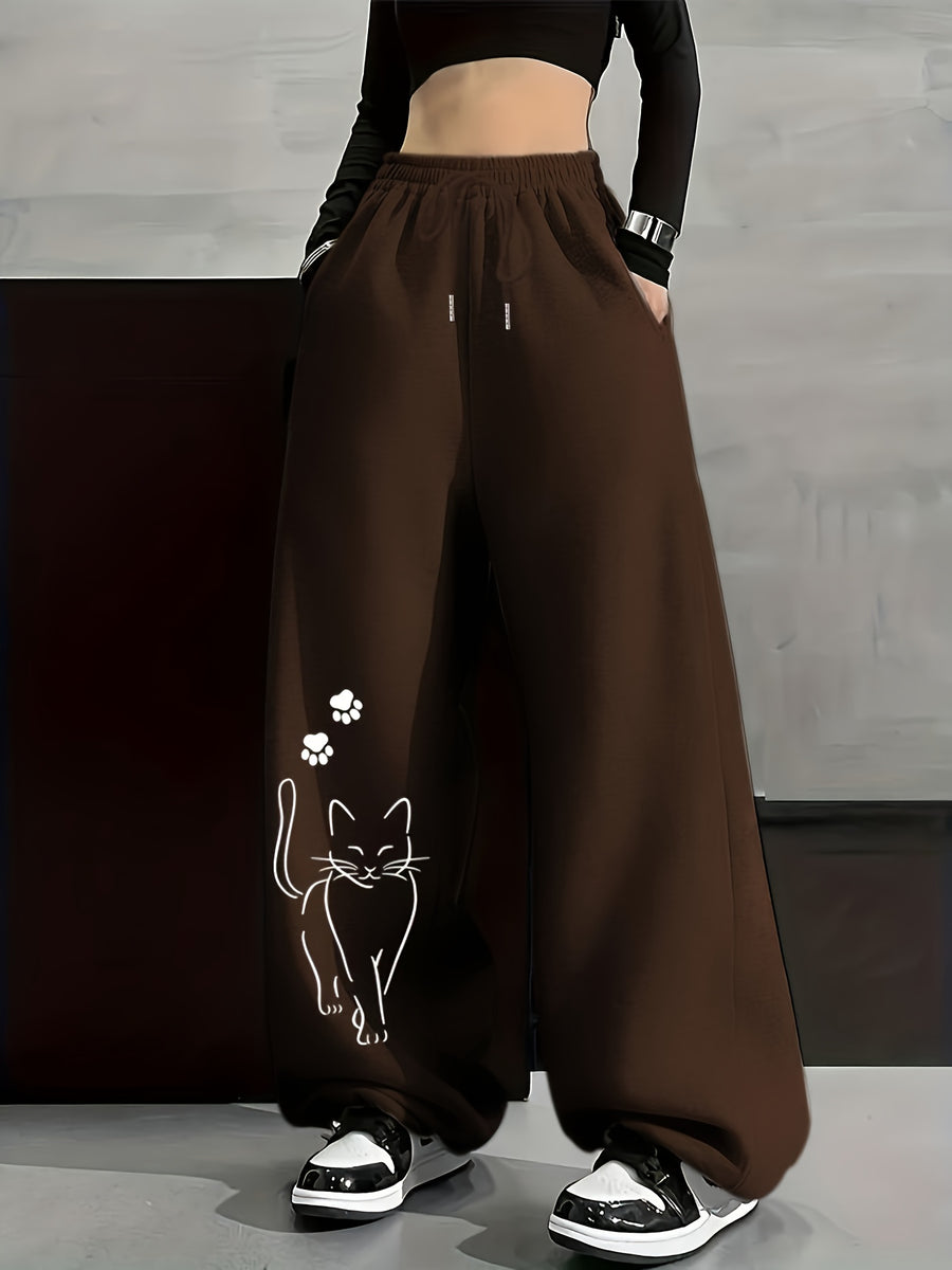 Autumn And Winter Fashion Casual Women'S Fleece-Lined Trousers, Solid Color Drawstring Waist Trousers, Casual Loose-Fitting Sweatpants, Women'S Fashion - Coffee Brown