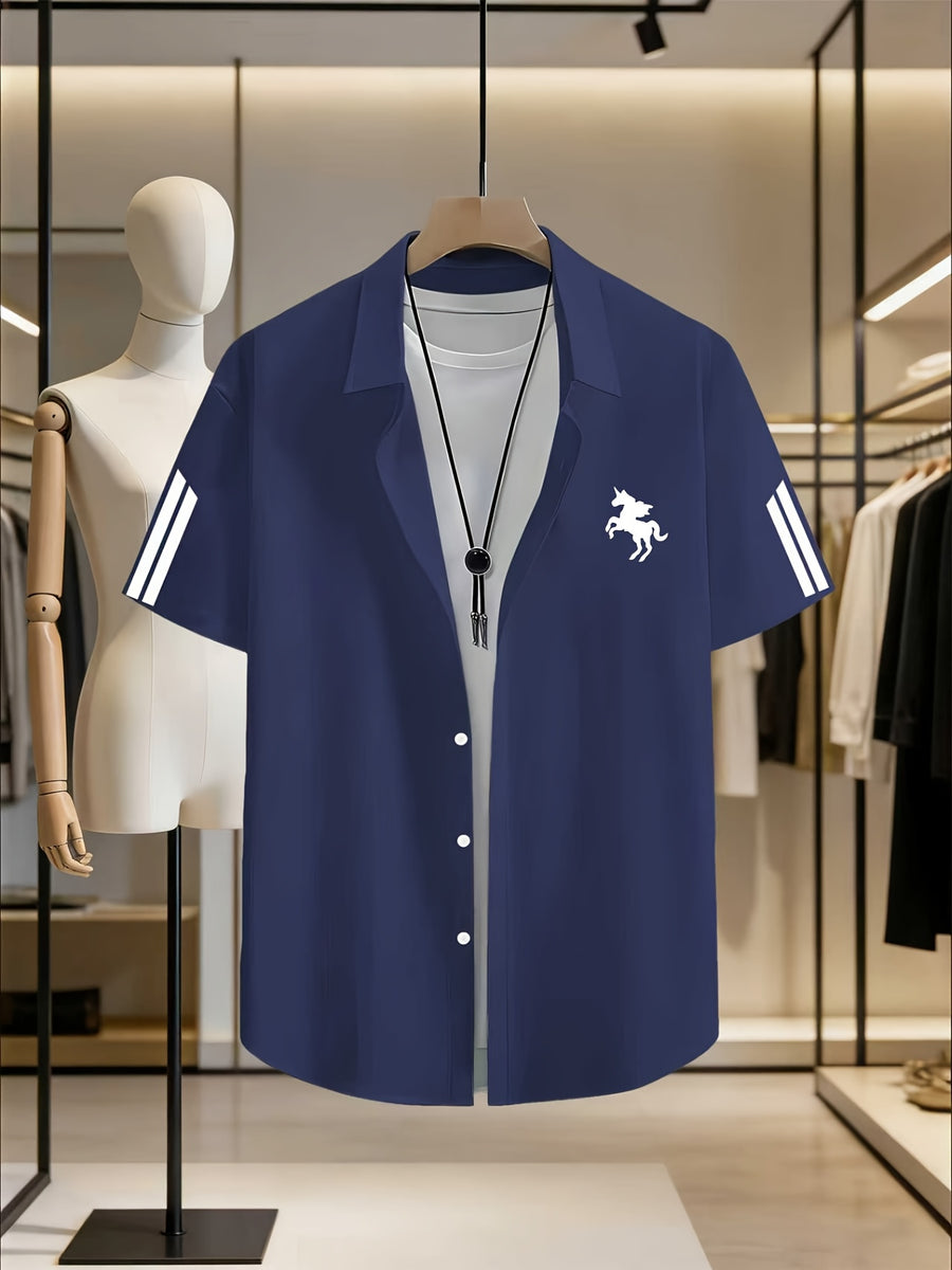 Men'S Solid Color Short Sleeve Shirt, Summer Lightweight Breathable Fabric, Classic Collar, Loose Fit, Textured Fabric, Suitable for Casual, Office & Weekend Wear, Short Sleeve Top, Non-Stretch Material, Durable Casualwear, Outdoor Casual - Navy Color