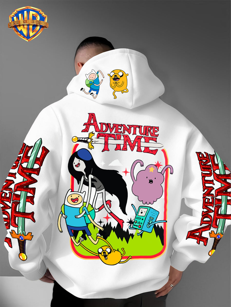 Warner Bros. Adventure Time Large Back Print, Hooded Sweatshirt with Hat Design Pattern, Multifunctional Street Style Men's Hoodie, Comfortable and Casual, Suitable for Autumn and Winter Wear - White