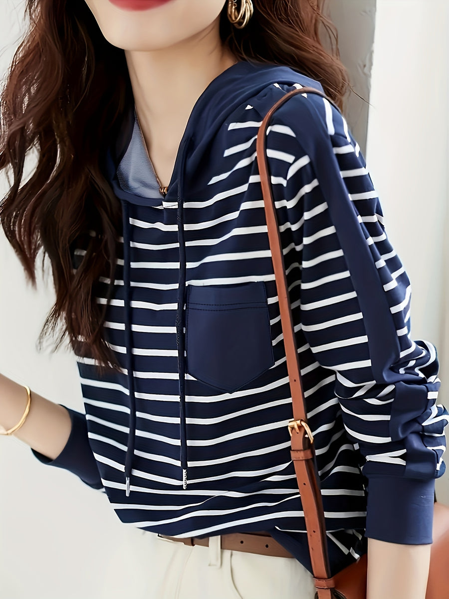 Spring/Autumn Women'S Casual Fashion Hooded Striped Top - Navy Color