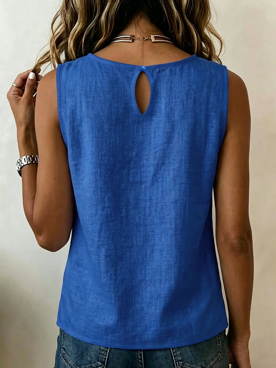 Summer Minimalist Style Round Neck Side-Button Versatile Sleeveless Shirt - Royal Blue