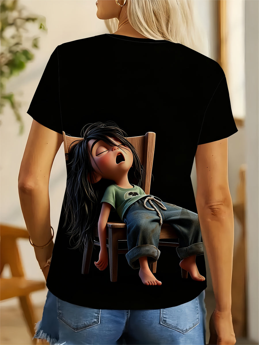 Standard Size Women's T-Shirt, Featuring a "Sleeping " Print in a Laid-back Style That Exudes a Relaxed and Vibe. Suitable for Daily Outings and Casual Wear, This Loose-fit Design Flatters Various Body Types, with Comfortable - Black