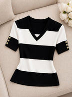 Color-block Striped Sweater, Slim Fit, V-neck, Versatile Daily Short Sleeve - Black And White Stripes