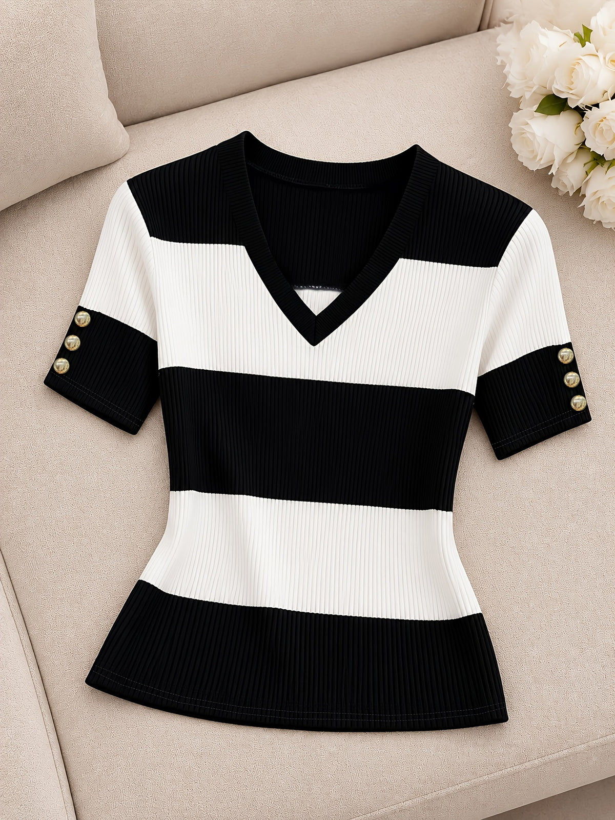 Color-block Striped Sweater, Slim Fit, V-neck, Versatile Daily Short Sleeve - Black And White Stripes