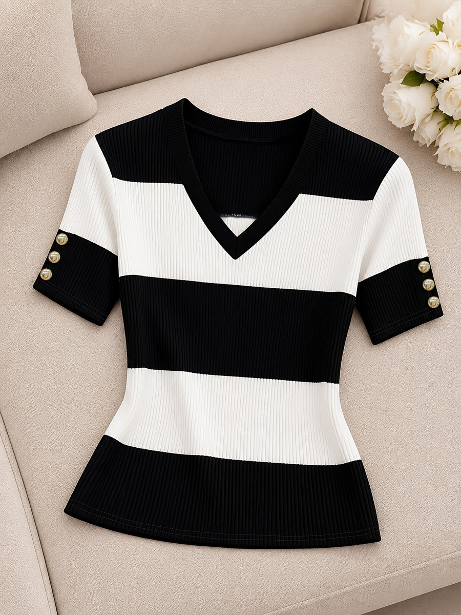 Color-block Striped Sweater, Slim Fit, V-neck, Versatile Daily Short Sleeve - Black And White Stripes