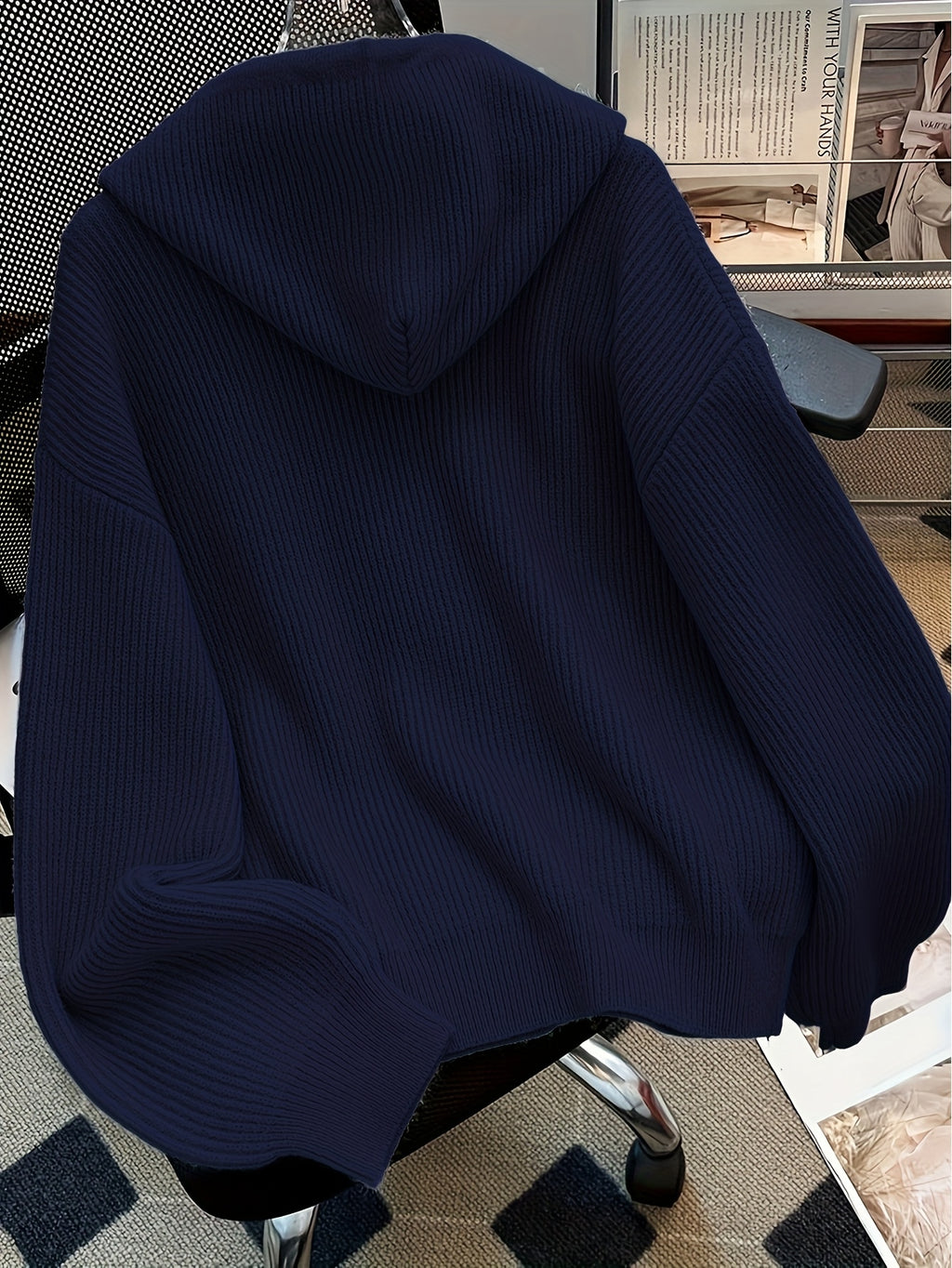 Autumn And Winter Hooded Cardigan, Solid Color Casual Easy Button-Up Sweater, Soft And Comfortable Elegant Women'S Clothing - Navy Color