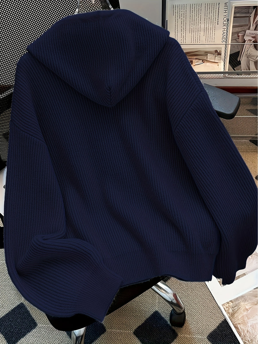 Autumn And Winter Hooded Cardigan, Solid Color Casual Easy Button-Up Sweater, Soft And Comfortable Elegant Women'S Clothing - Navy Color