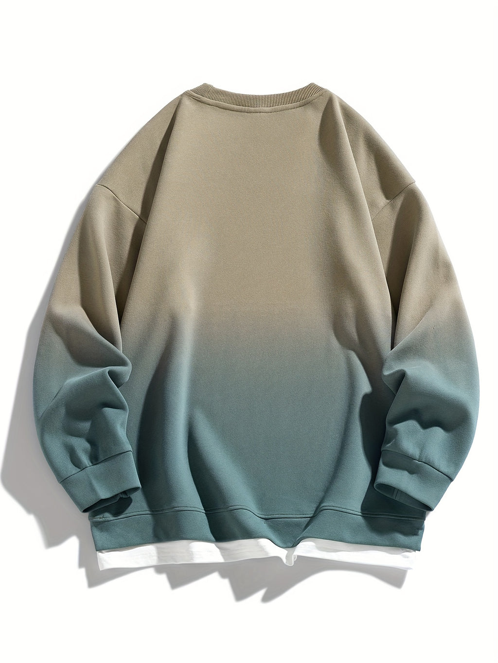 New Autumn Round Neck Sweatshirt, Men's  Gradient Color 2-in-1 Look Hem Sweatshirt, Burgundy Gradient - Gray Green