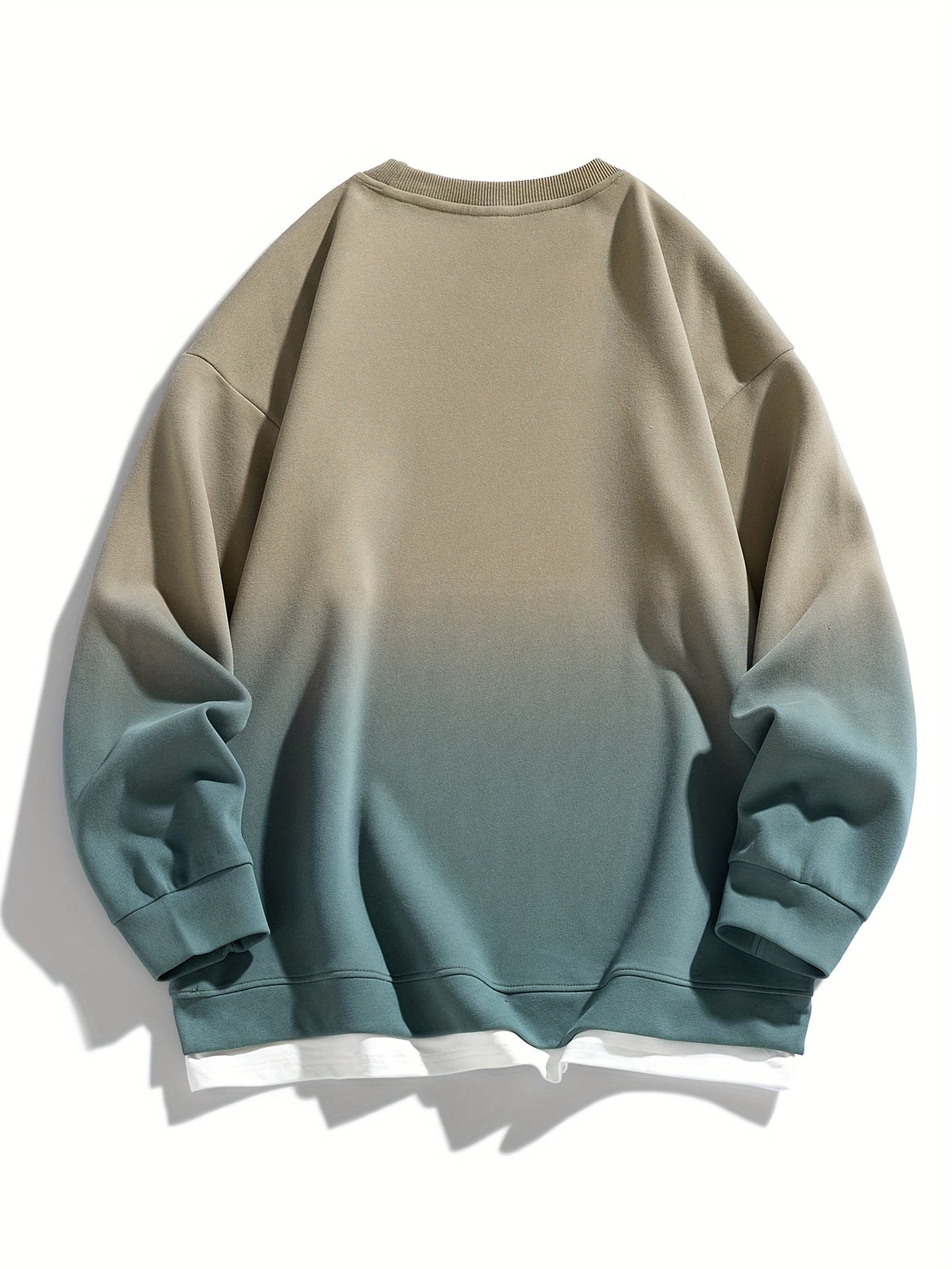 New Autumn Round Neck Sweatshirt, Men's  Gradient Color 2-in-1 Look Hem Sweatshirt, Burgundy Gradient - Gray Green