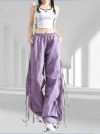 1039 Bow Tie Drawstring Quick-Dry Work Pants Women's Summer Thin American Casual Wide-Leg Parachute s Trousers - Violet