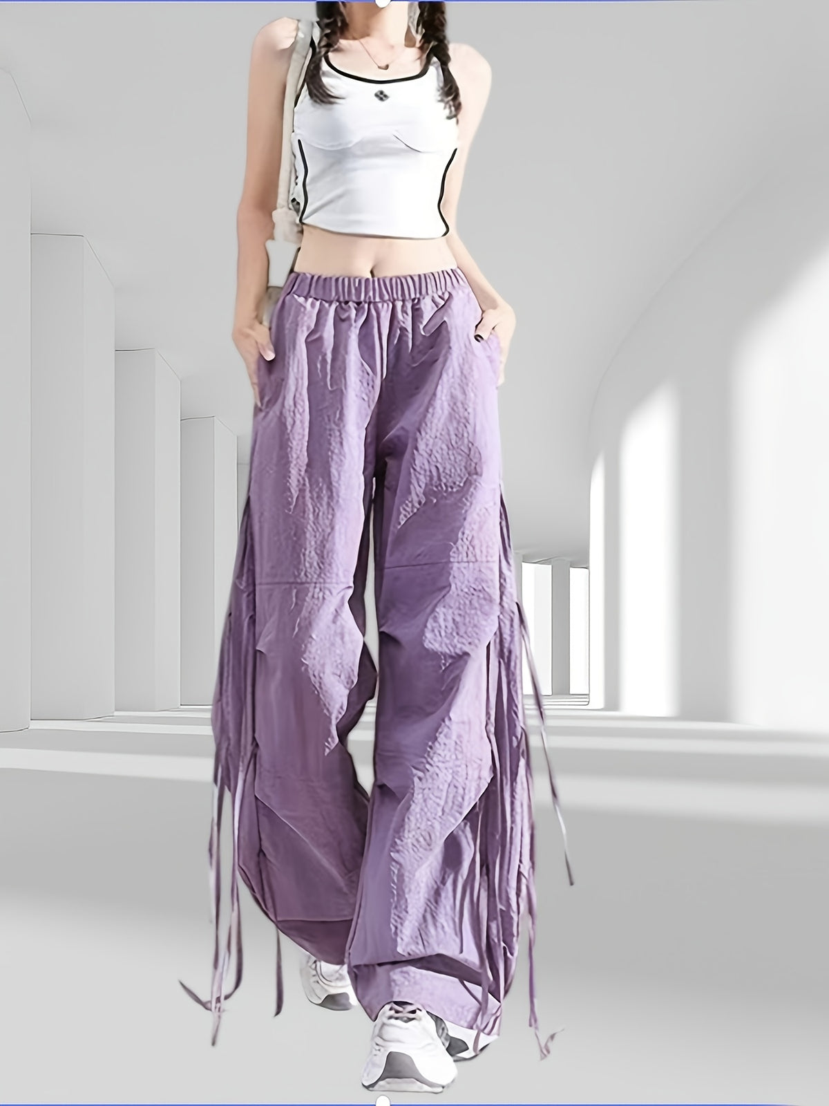 1039 Bow Tie Drawstring Quick-Dry Work Pants Women's Summer Thin American Casual Wide-Leg Parachute s Trousers - Violet