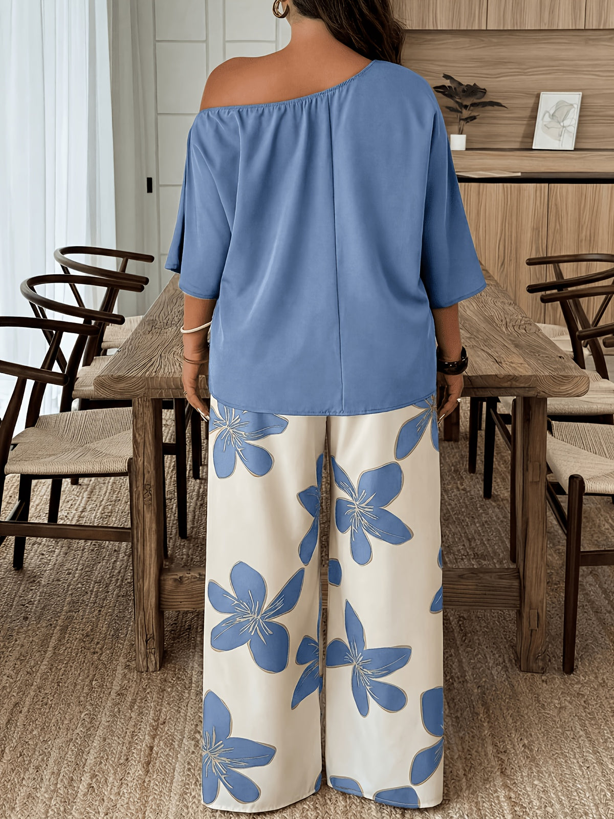 French-Style Elegant Women's Fashion 2pcs Set: Solid Color Off-Shoulder Pullover + Large Blue Floral Print Pants, Comfortable, Breathable, and High-End Casual Outfit - Blue