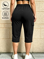 Women's Y Casual Cropped Shorts with Elastic Waist, Drawstring, Zipper, and Multiple Pockets. Lightweight Cargo Cargo Pants Suitable for Training, Mountaineering,, Travel,, and Daily Commuting - Black