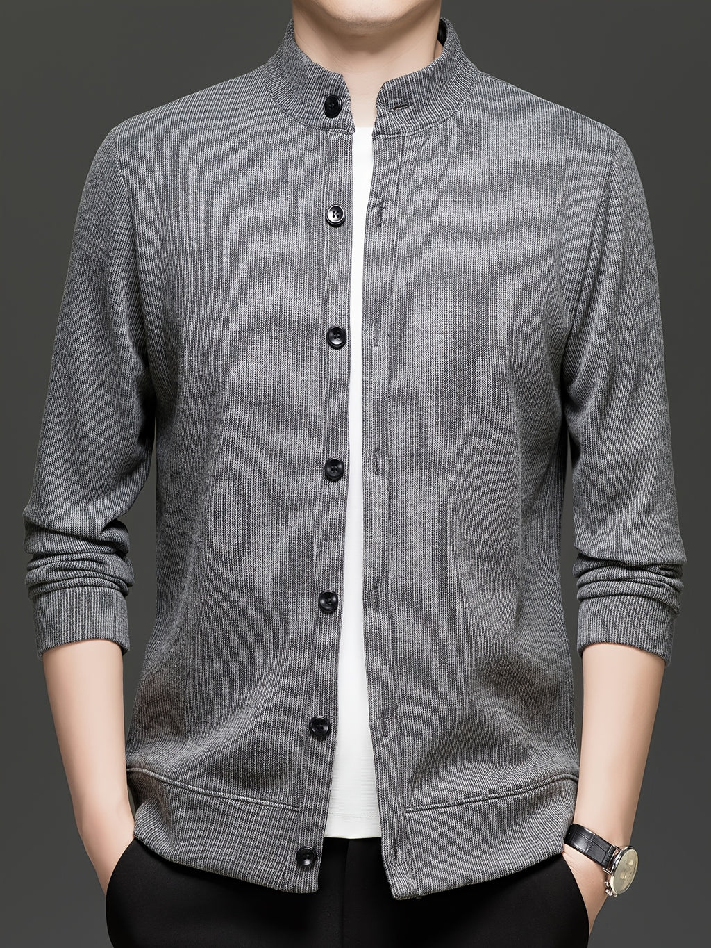 Men'S Stand Collar Knit Cardigan Fleece Thickened Jacket Casual Vertical Stripe Button-Up Top - Dark Gray