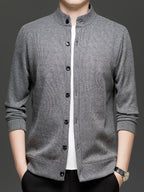 Men'S Stand Collar Knit Cardigan Fleece Thickened Jacket Casual Vertical Stripe Button-Up Top - Dark Gray