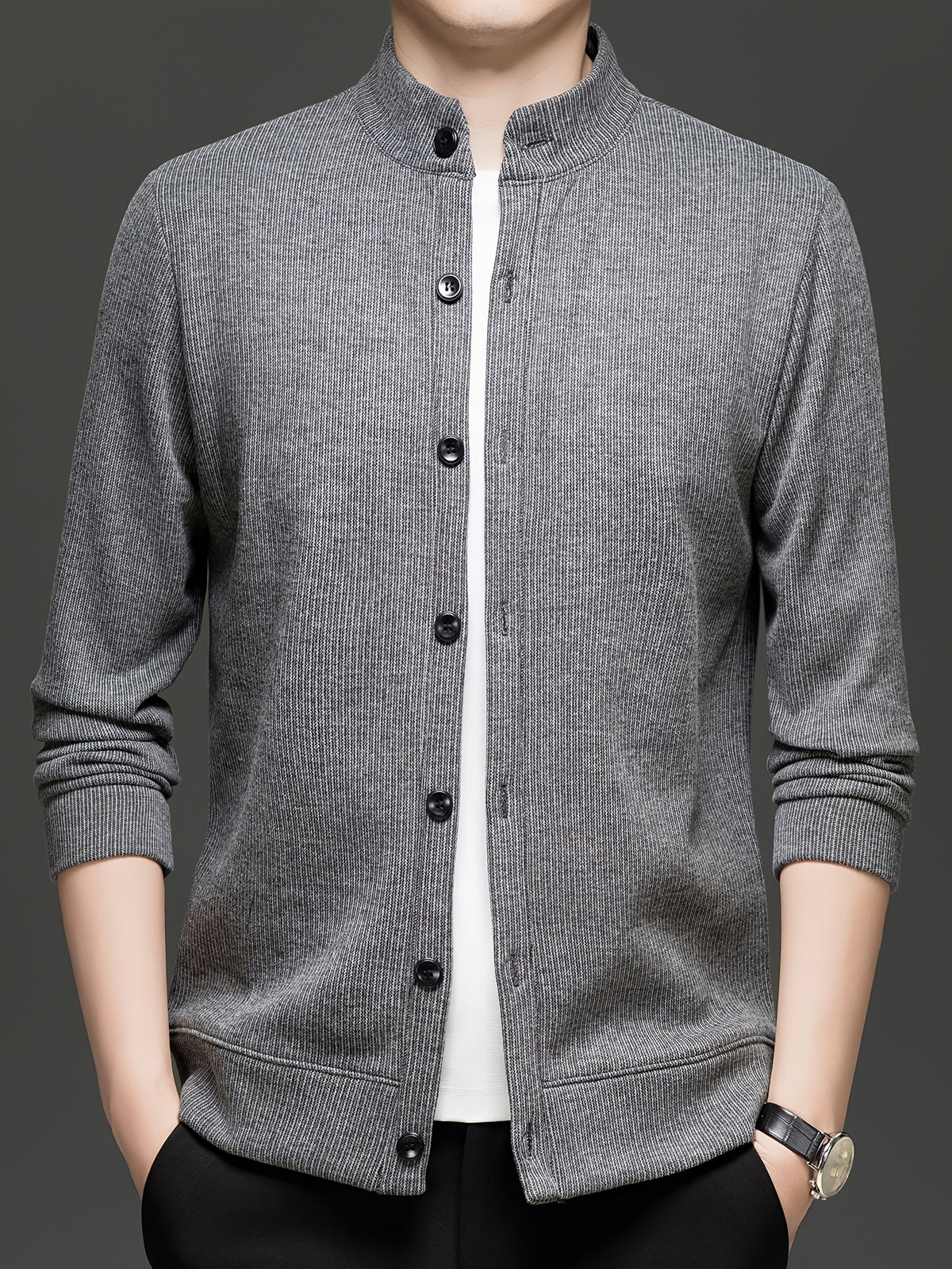 Men'S Stand Collar Knit Cardigan Fleece Thickened Jacket Casual Vertical Stripe Button-Up Top - Dark Gray