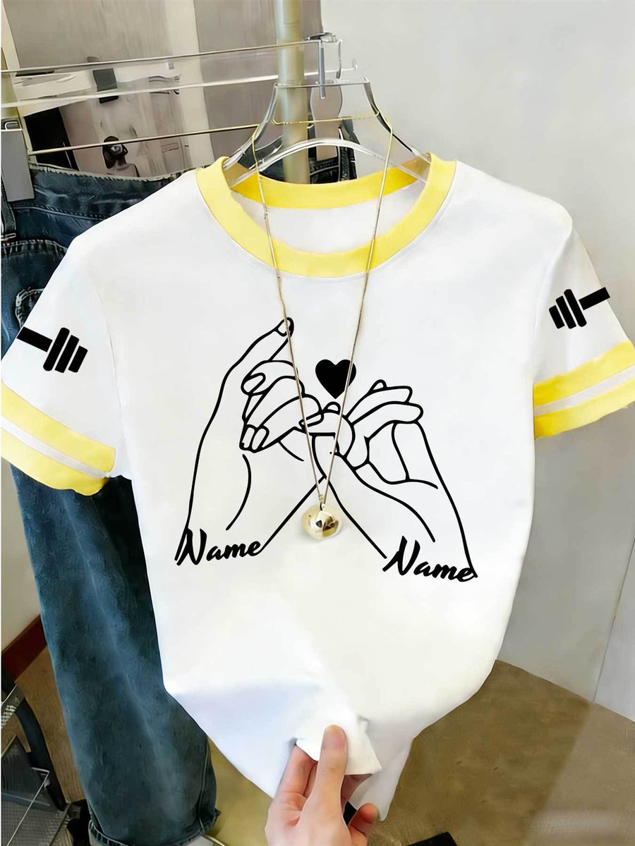 20pcs Women's Colorblock T-Shirt Single Piece, Hand-Drawn Line Art Couple Holding Hands with Heart Print, Colorblock Summer Sleeve Crew Neck Short Sleeve T-Shirt - Breathable Crew Neck Casual Sport Top, Loose Fit Spring Festival Trendy Apparel - Yellow + White
