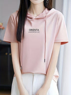 Summer New Korean Version Loose Short Sleeve Thin Trendy Printed Hooded T-Shirt Casual Drawstring Loose Short Sleeve Shirt for Women Regular - Pink
