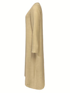 Women's Casual V-Neck Long Sleeve Solid Color A-Line Loose Fit Maxi Dress - Apricot