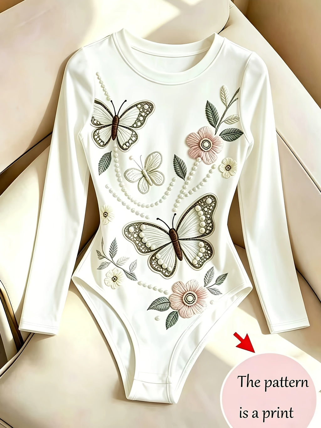 New Butterfly Floral Print Women's Crew Neck Long Sleeve Bodycon Top, Vacation Style Summer Outfit, Women's Beach Party Wear, Summer Vacation Outfit, Holiday Apparel, Women's Holiday Seaside Photoshoot Outfit - White