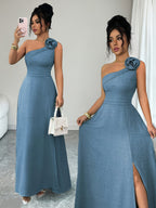 New Summer Women's Off-Shoulder Rose-Embellished Long Dress with Waist-Defining Slit, Elegant One-Shoulder Design, Mature Style for Dates and Banquets - Sea Blue