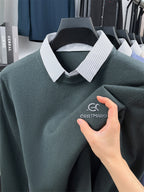 ZBZP Autumn Winter Knit 3D Solid Color Lapel POLO Sweater, Basic Knit Pullover Top for Men, Fashionable Long Sleeve Sweater ZYFSBSS - Dark Green