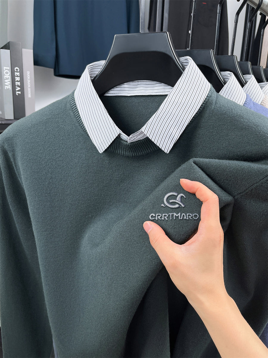 ZBZP Autumn Winter Knit 3D Solid Color Lapel POLO Sweater, Basic Knit Pullover Top for Men, Fashionable Long Sleeve Sweater ZYFSBSS - Dark Green