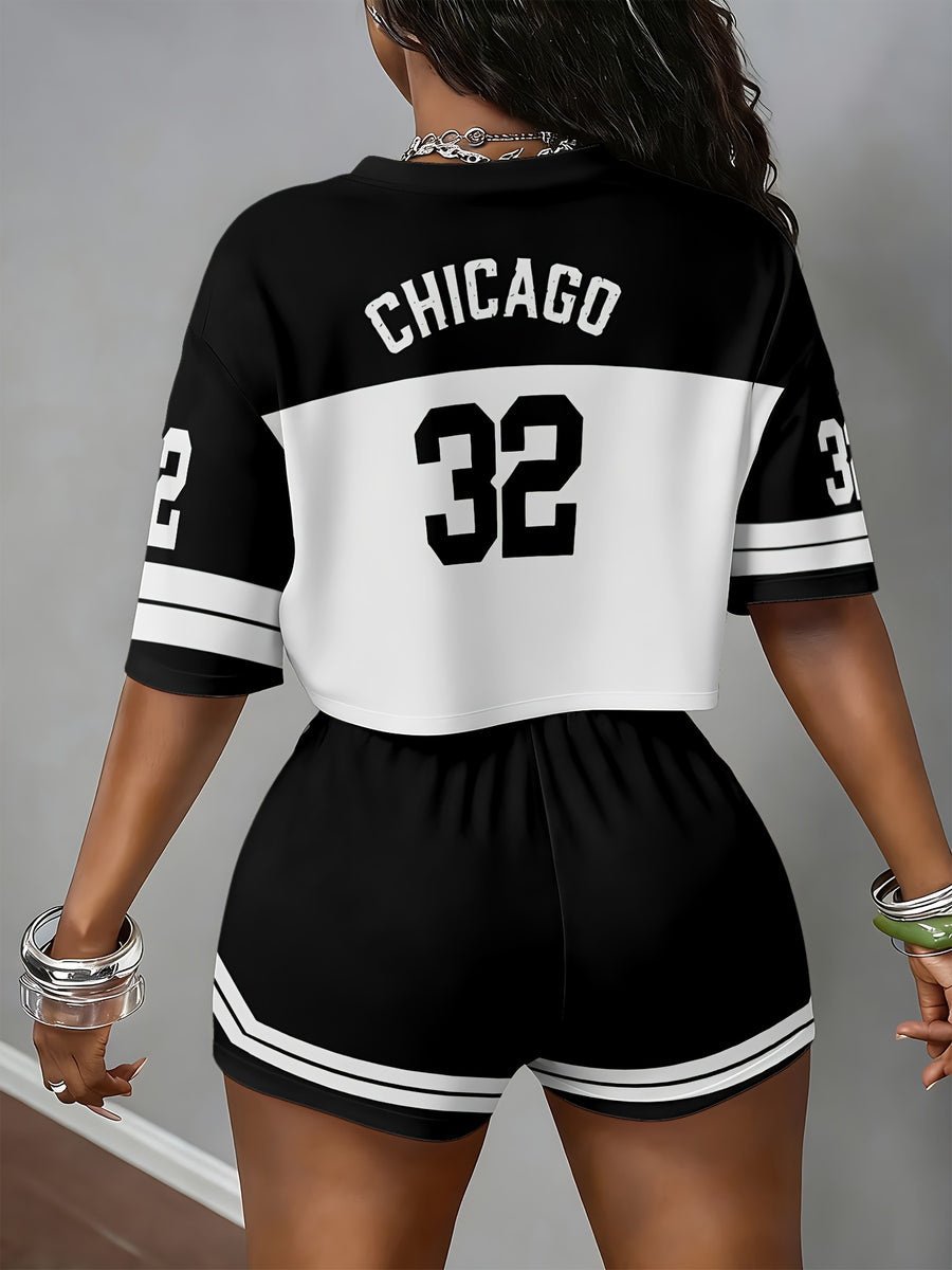 Women's Summer Short Sleeve Shorts Set with Number 32 Print - Mixed colors