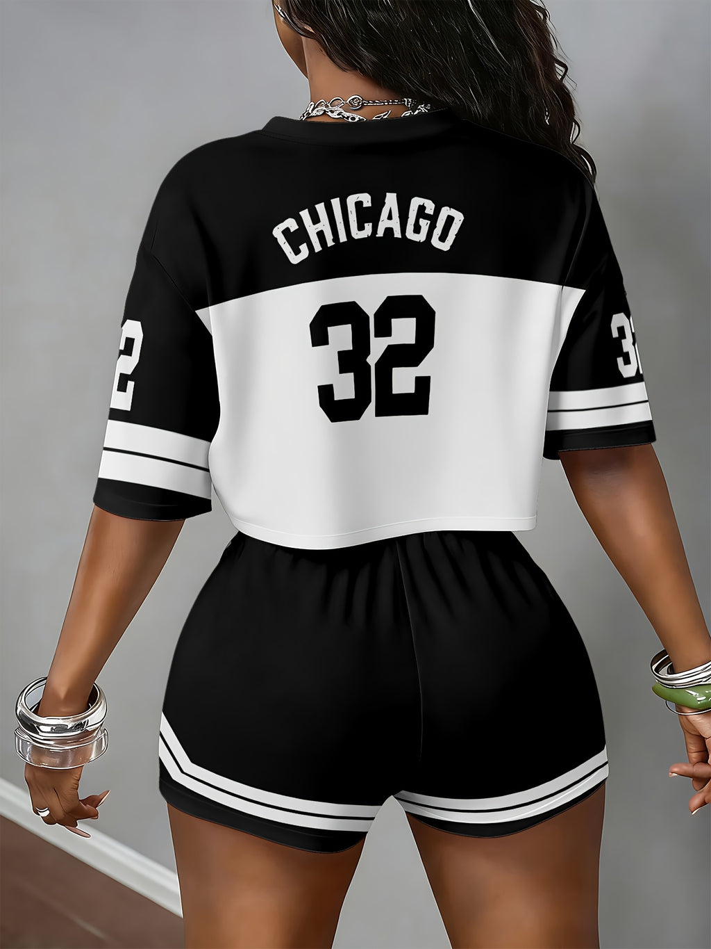 Women's Summer Short Sleeve Shorts Set with Number 32 Print - Mixed colors
