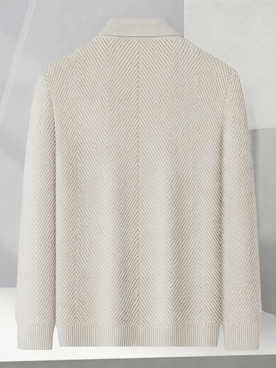 Men's Winter Loose-Fit Polo Lapel Full-Zip Knit Cardigan, Drop-Shoulder Thickened Outerwear, Streetwear Casual Style, Knit Top for Daily Outings - Apricot