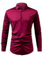 2pcs Set of Seamless Pressure Adhesive High-Elasticity Non-Iron Men'S Dress Shirt Long Sleeve Business Casual Formal Top, Material 88% Polyester 12% Spandex, Fabric Weight 160G, Casual - Wine Red + Wine Red