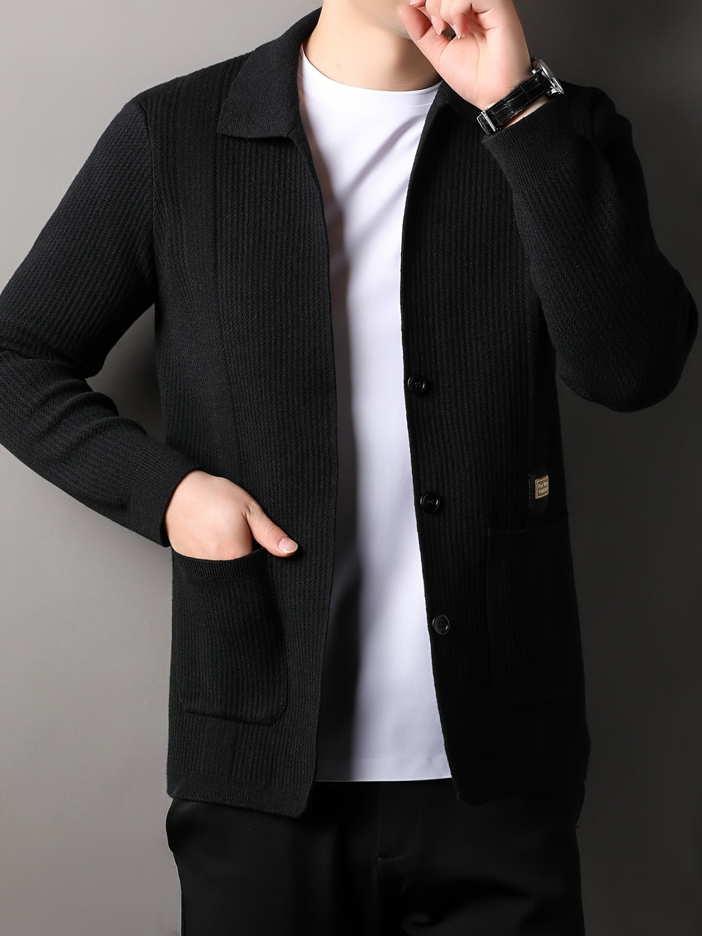 Du Jing Lan OBM Spring/Autumn New Arrival Men's Knit Cardigan, Old Money Style Solid Color Striped Single-Breasted Open Front Lapel Knit Cardigan, Men's Business Casual Fashion Single-Breasted Open Front Knit Cardigan Top, Suitable for Spring - Black