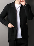 Du Jing Lan OBM Spring/Autumn New Arrival Men's Knit Cardigan, Old Money Style Solid Color Striped Single-Breasted Open Front Lapel Knit Cardigan, Men's Business Casual Fashion Single-Breasted Open Front Knit Cardigan Top, Suitable for Spring - Black