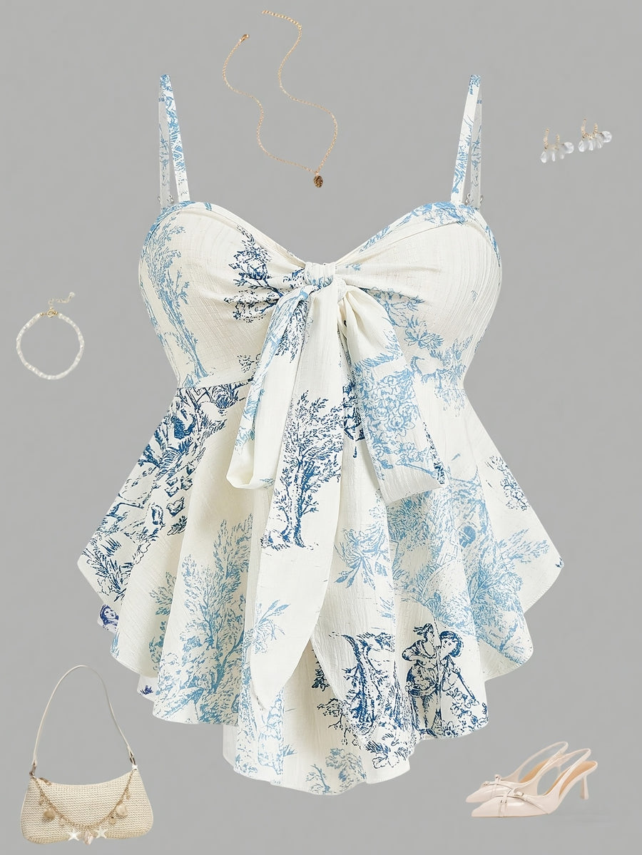 Elegant Women's Camisole Top with Striped Textured and Printed Fabric, Featuring a Bow Tie Collar, Front Tie Waist, Slim Fit, and Sleeveless Design. Suitable for Various Occasions Such as Casual Wear, Commuting, and Outings, It Showcases Multiple - Royal Blue