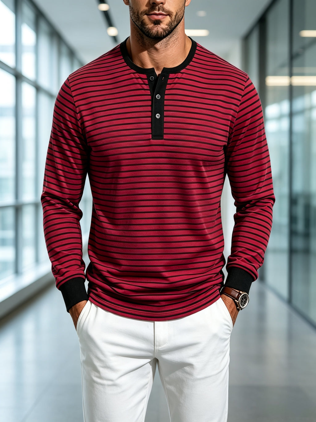 Men's Striped Henley Neck Long Sleeve T-Shirt, Fall Casual 3 Buttons Commuter Basic Shirt - Red