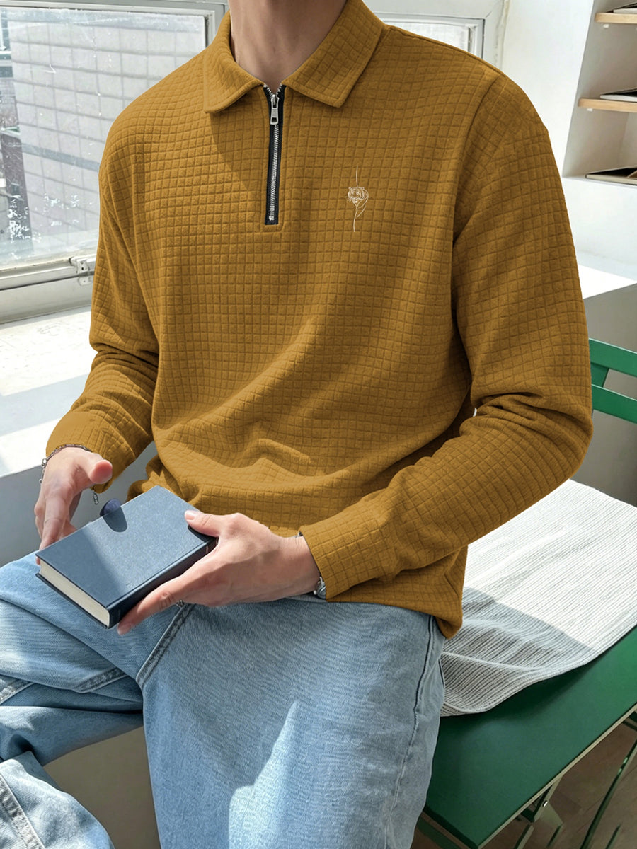National Charm Tiger Head Line Art Print Floral Waffle Knit Half-Zip Polo Long Sleeve Men's Casual Top, Featuring a Simple and Premium Texture That Complements All Dressing Styles. Easily Create a Minimalist Look, Whether for Daily Commutes - Khaki