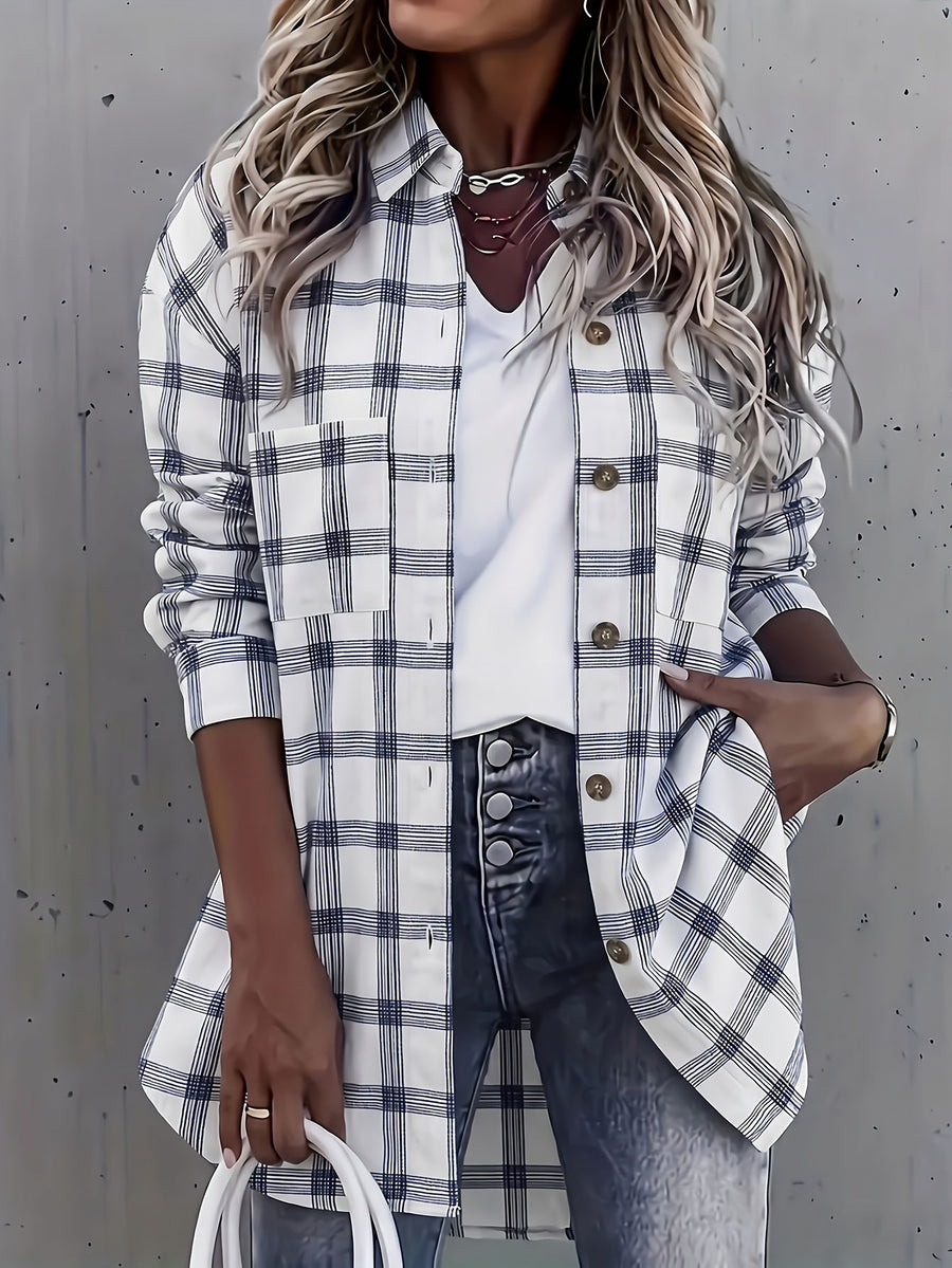 Women'S Casual Plaid Print Long-Sleeve Button-Up Shirt with Pockets - White