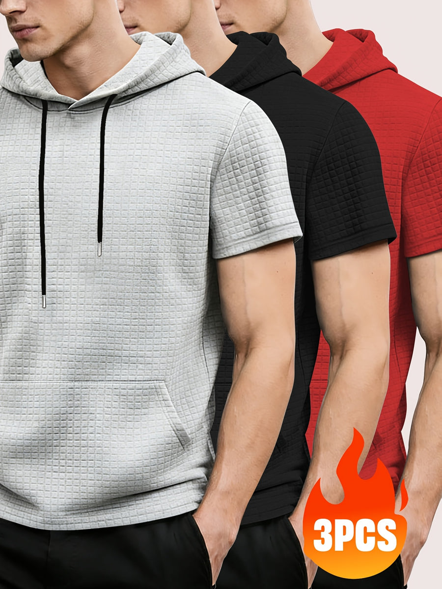 3pcs Men's Waffle Knit Short Sleeve Hoodie with Kangaroo Pocket, Soft and Breathable Fabric, Multiple Color Options, Versatile for Daily Wear, Simple and Stylish Casual Sportswear, Suitable as Matching Family Outfits, Great Choice for Gifts - Grey+Black+Red
