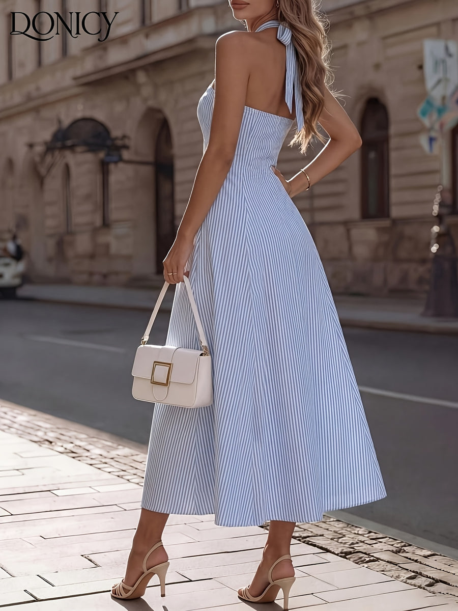 Women'S Striped Printed Halter Neck Sleeveless Party Dress - Light Blue