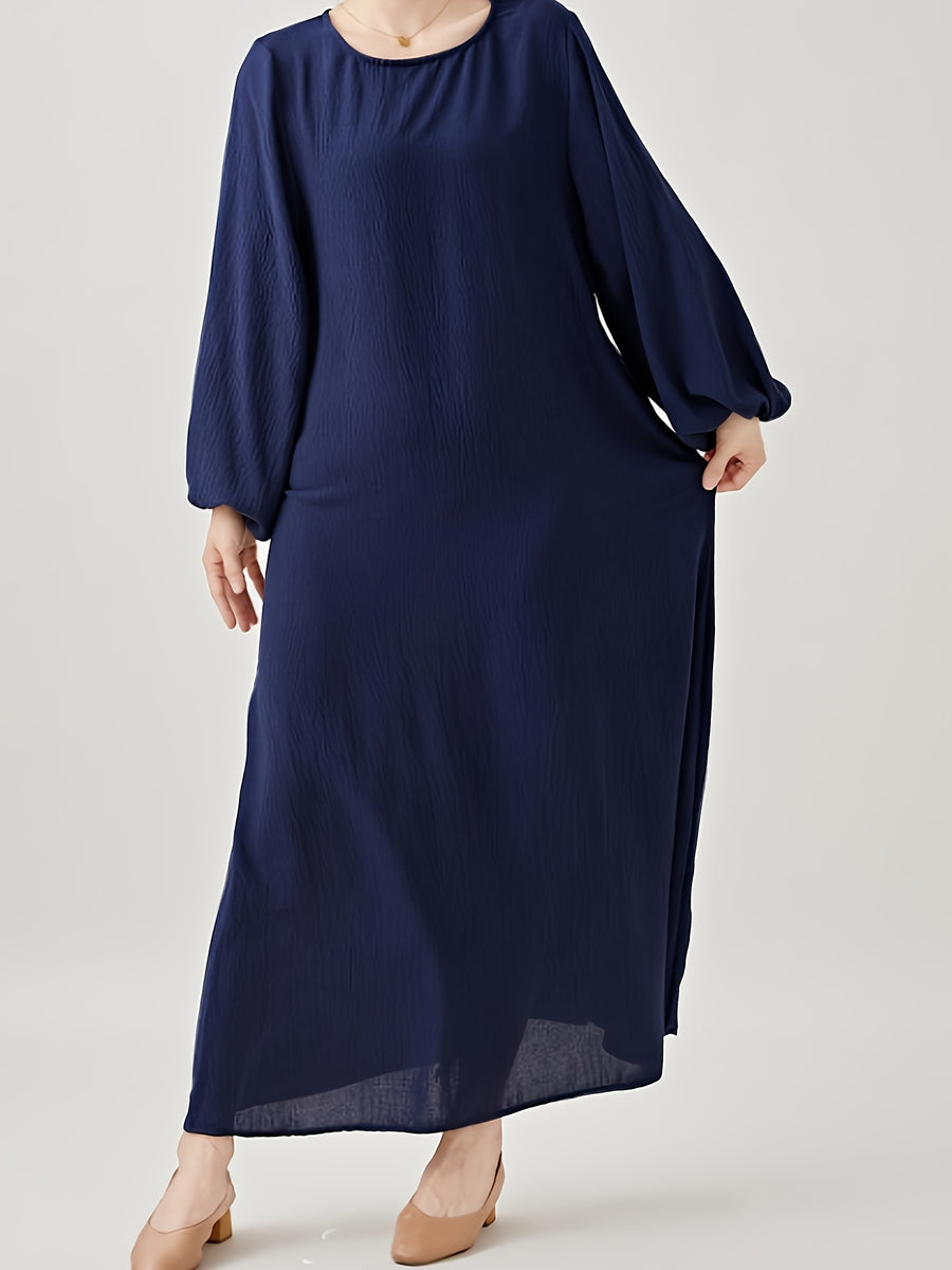 Comfortable & Casual Solid Color Muslim Dress with Bubble Pleats, Elastic Cuffs, and Flowy Hem - Polyester, Machine Washable - Navy Color