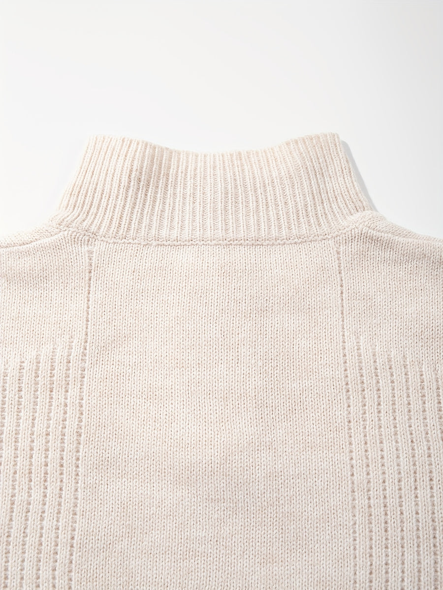 Spring Autumn New Men'S Korean Style Solid Color Loose Niche Commuter Style Textured Unisex Pullover Knit Long Sleeve Half Open Cardigan Half Open Placket Zipper Lapel Sweater Top - Apricot