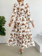 Women'S Vintage Floral Midi Dress, Long Sleeve Round Neck Cinched Waist A-Line Skirt, Casual Daily Vacation Wear - White