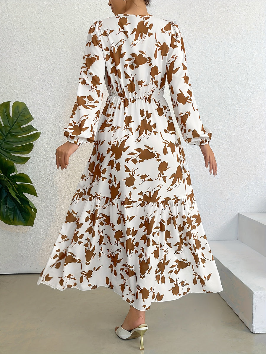 Women'S Vintage Floral Midi Dress, Long Sleeve Round Neck Cinched Waist A-Line Skirt, Casual Daily Vacation Wear - White