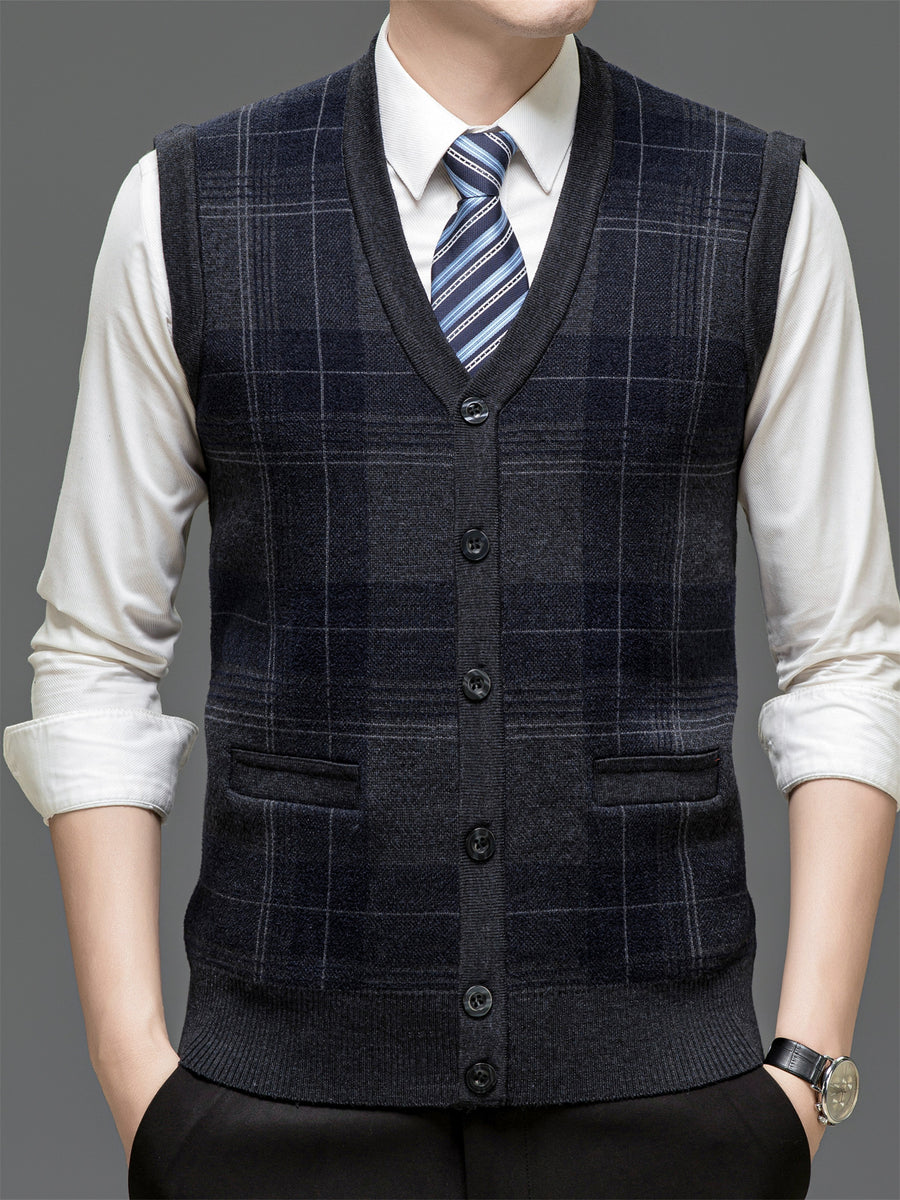 Autumn Winter Knit 3D Solid Color V-Neck Sweater, Basic Knit Cardigan, Men'S Fashion Sweater Vest, Size All - Black Gray
