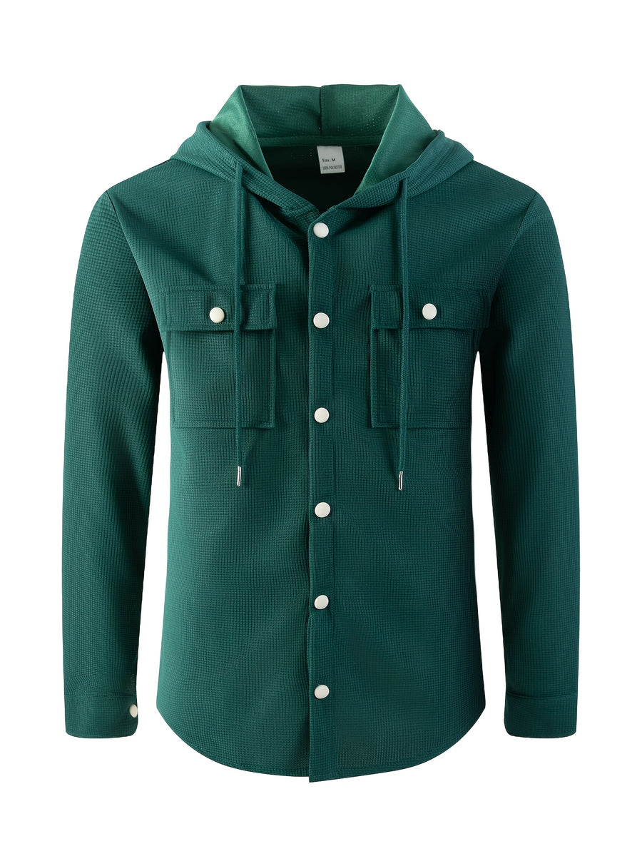 Men'S Waffle Knit Hooded Jacket - Button-Up Workwear Coat - Casual Jacket with Pockets - Spring And Autumn Commute Outfit - Korean Style for Outdoor Activities, Camping, Hiking - Green