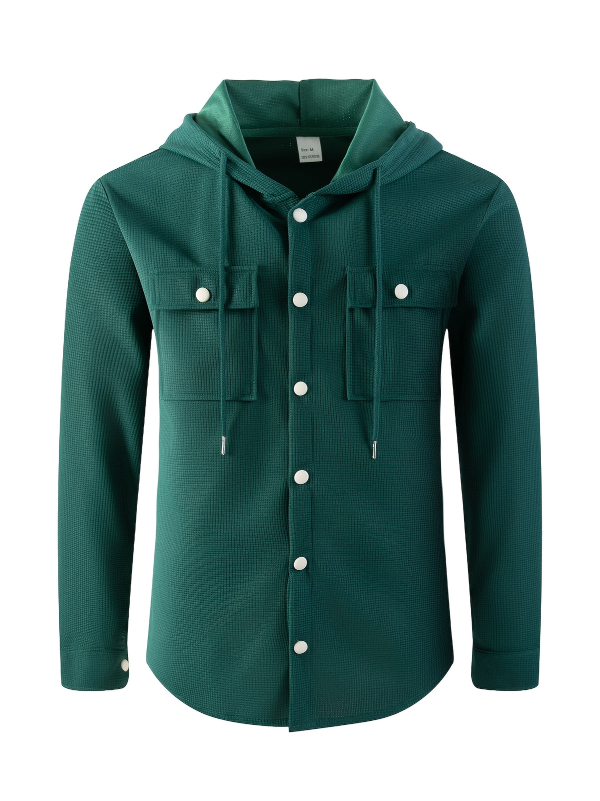 Men'S Waffle Knit Hooded Jacket - Button-Up Workwear Coat - Casual Jacket with Pockets - Spring And Autumn Commute Outfit - Korean Style for Outdoor Activities, Camping, Hiking - Green