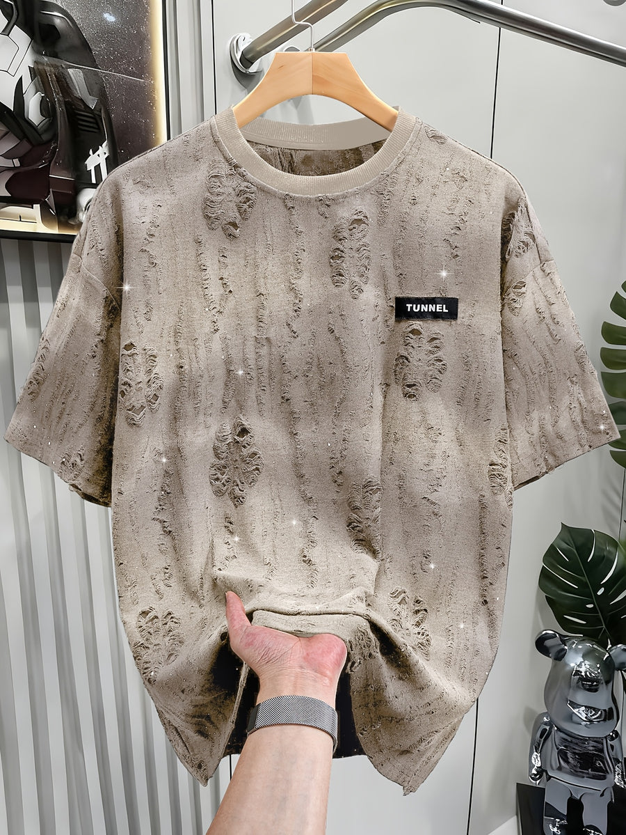 Textured Short Sleeve T-Shirt Black TUNNEL Letter Print Casual Street Style - Khaki