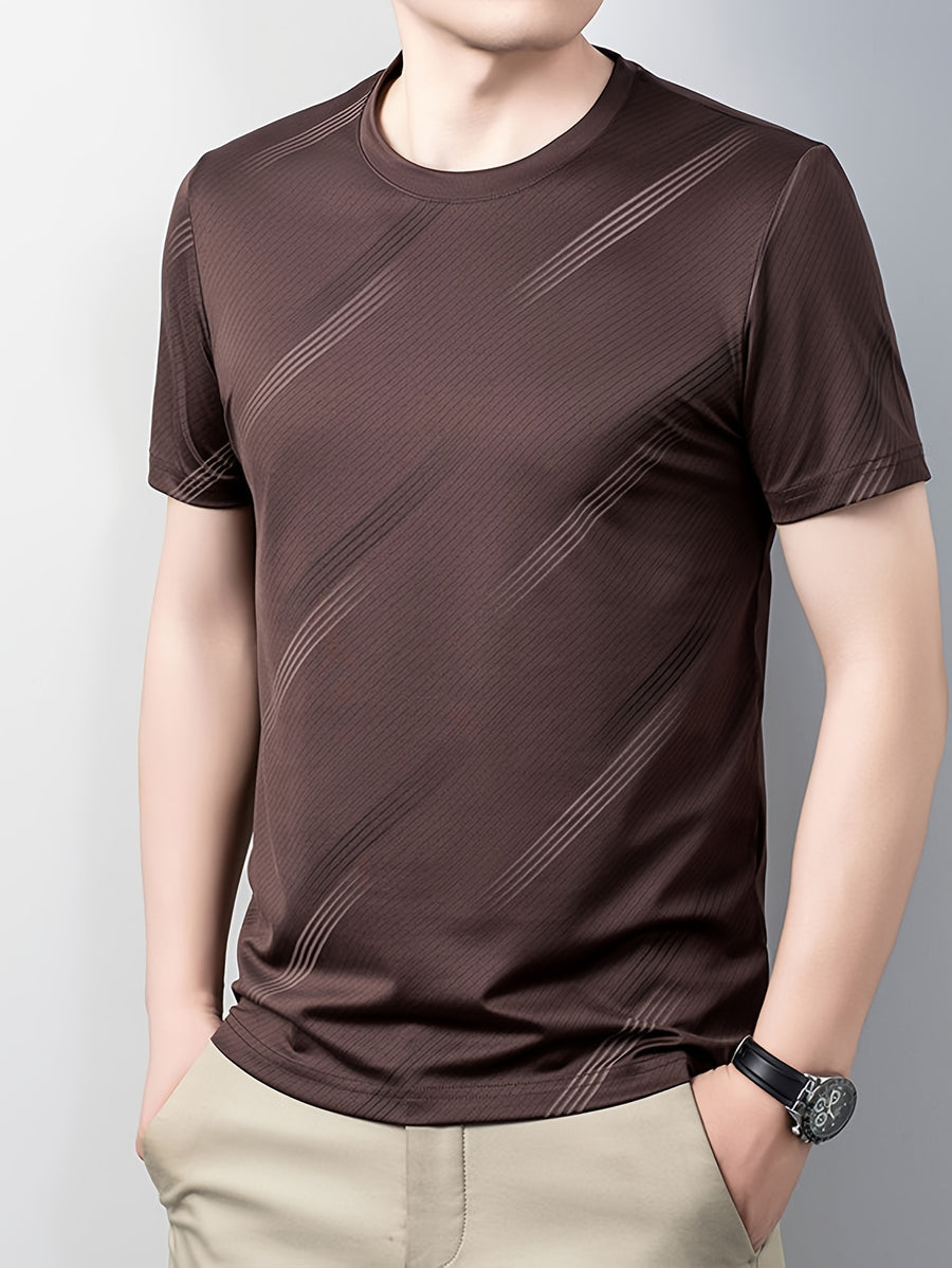 Men's Breathable Mesh Short Sleeve T-Shirt - Lightweight Non-Stick Summer Shirt Suitable for Business Casual & Casual Attire, Round Neck Striped Style (No Belt) for Office, Travel, Layering - Non- Round Neck - Coffee Color