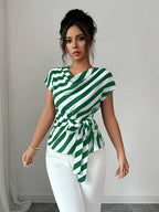Women's Elegant Commuter High-Neck Striped Print Vacation Casual Shirt - Green
