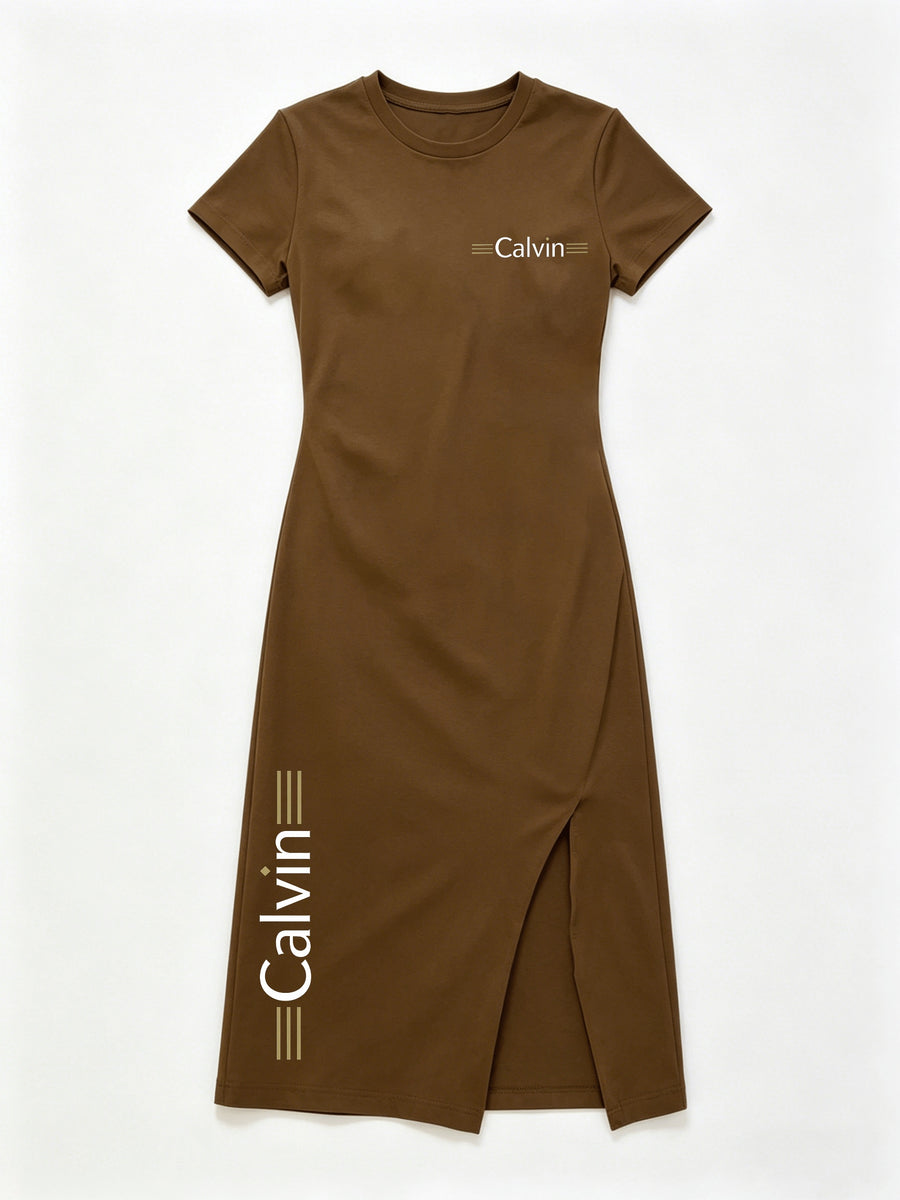 Two Logo Midi Dress with Side Slit - Stylish And Comfortable for Women - Coffee Brown